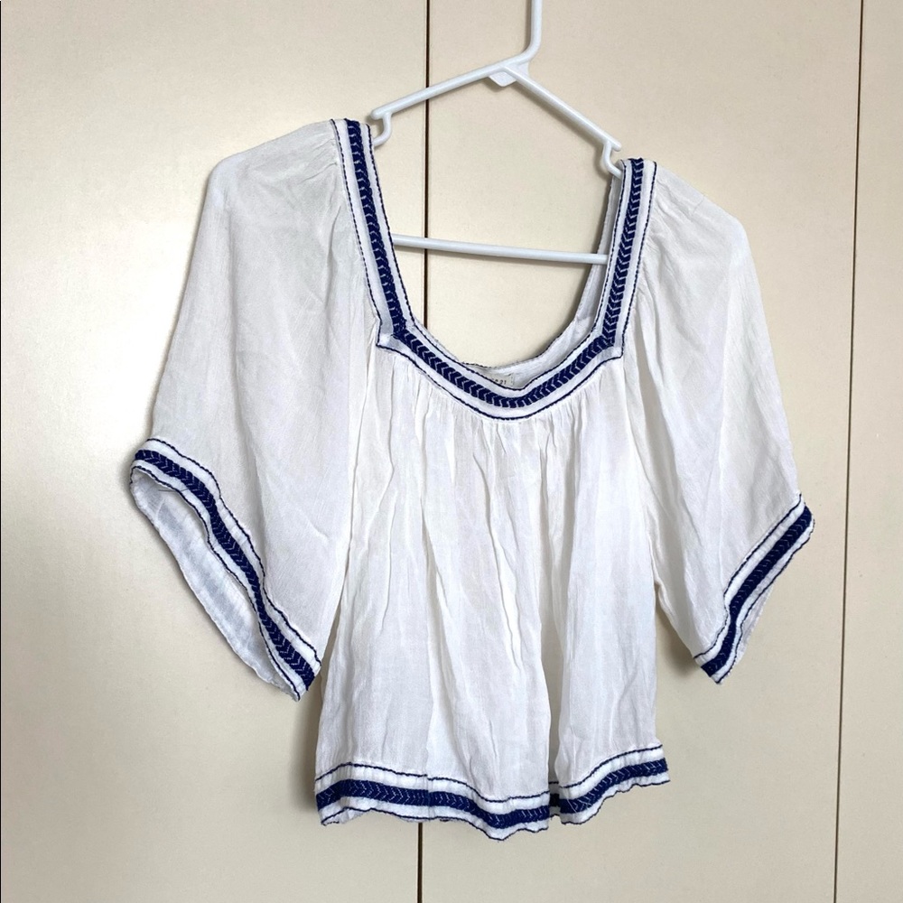 White and Navy Embroidered Top